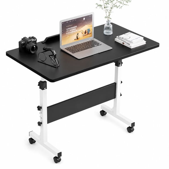 Rolling Laptop Desk Adjustable Height, Portable Standing Desk with Wheels, Small Mobile Computer Desk for Home Office, Tilting Table for Bedside & Sofa Use, Black (31.5" x 15.75")