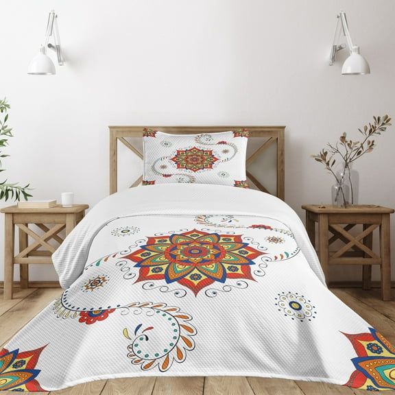 Ambesonne Leaf Quilted Bedspread Set 2 Pcs, Lotus Inspired Swirled, Twin Size, Multicolor