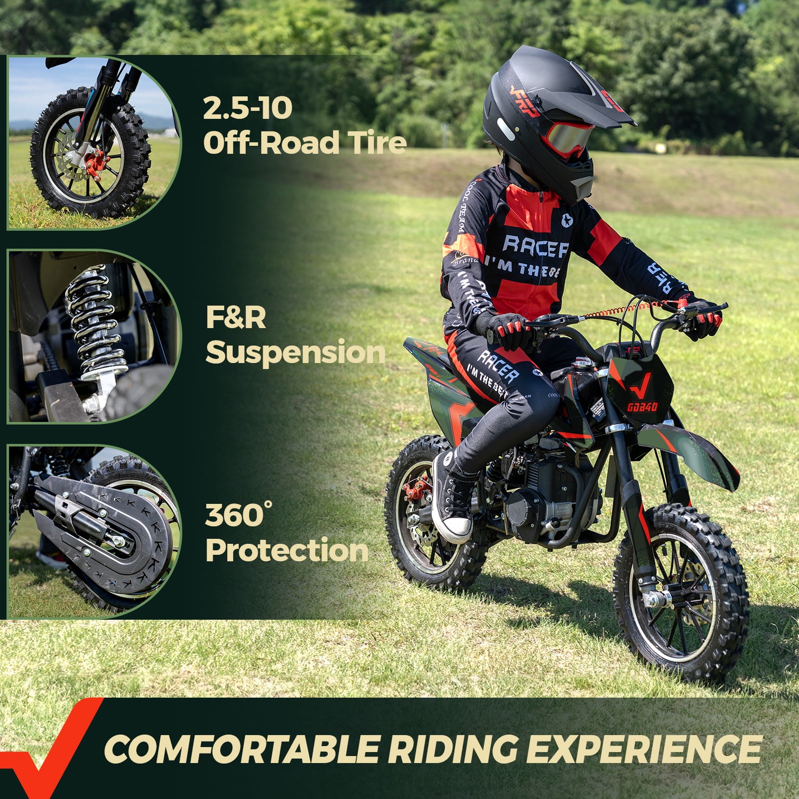 FRP OGM40 Kids Dirt Bike, 40CC 4-Stroke Dirt Bike for Kids, Gas Powered Off-Road Mini Bike with Front & Rear Disc Brake, Up to 20 Mph, Weight Support Up to 160 LBS（Black）