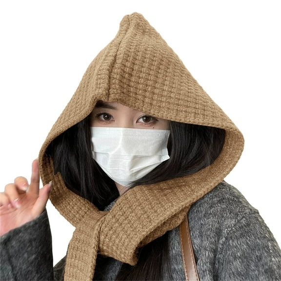 LIZUOJUN Winter Hats for Women 3-in-1 Waffle Knit Hooded Scarf Winter Windproof Trapper Hat Thermal Integrated Knit Cap for Outdoor Khaki One Size