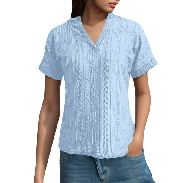 Camisa de punto jacquard holgada con cuello en V para mujer: manga corta, detalle de cordones, informal de verano, fácil de cuidar