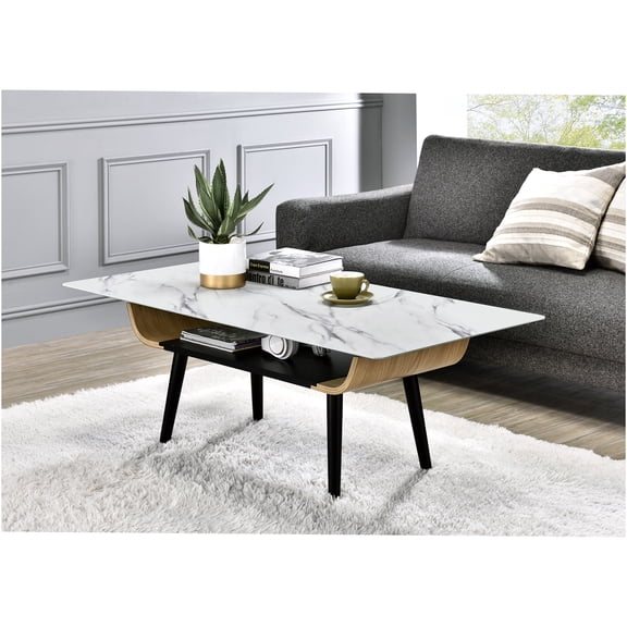JERFIT Modern Coffee Table with White Marble Glass Top, 47 Inch Sofa Table with Storage Shelf and Curved Wood Legs for Living Room