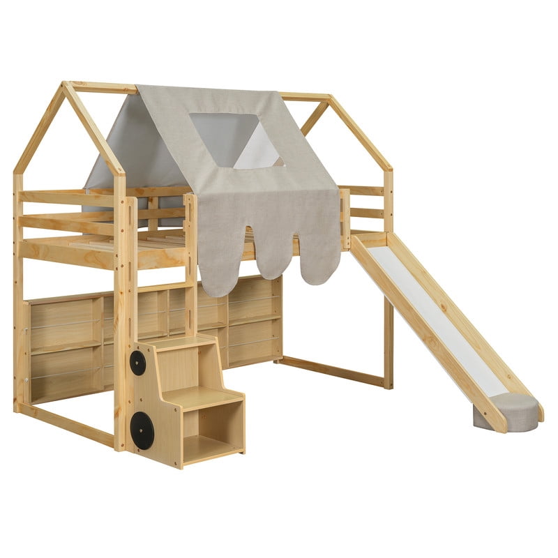Twin Size Wooden Loft Bed with Slide and Ladder, House-Shaped Loft Bed Frame with Tent, Storage Shelves and Car-Shaped Storage Cabinet, Kids Playhouse Bed with Safety Handrails