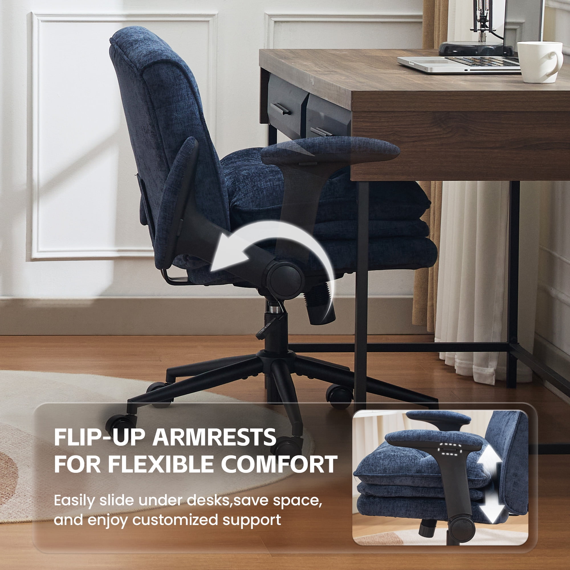 DOMICARE Criss Cross Chair with Flip-Up Arms, Wide Cross-Legged Office Chair with Wheels, Swivel Vanity Desk Chair, Blue Chenille