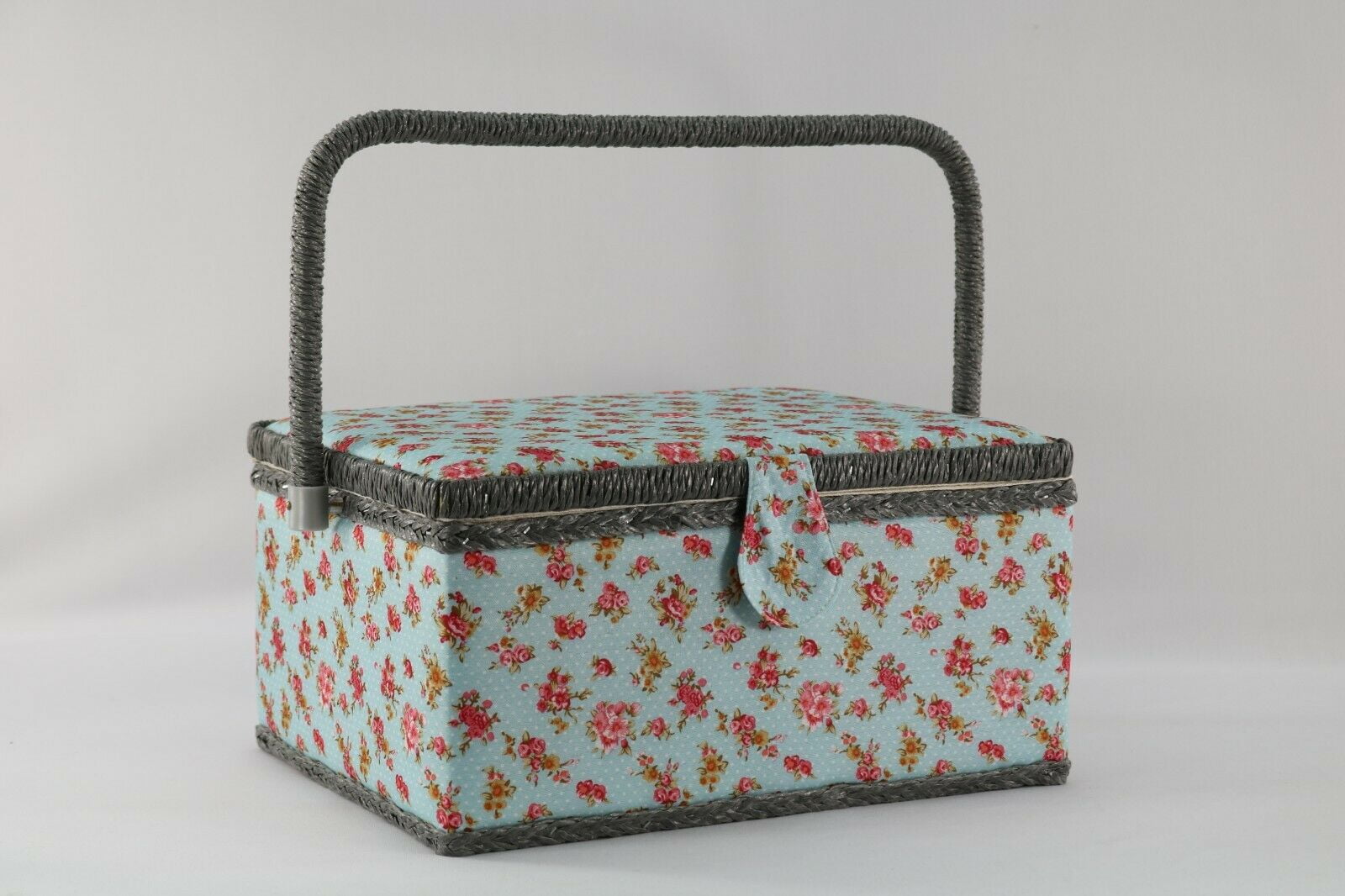 Sewing Basket with Pink Design Sewing Tool Storage Box with Removable Tray Built-in Pin Cushion and Interior Pocket 