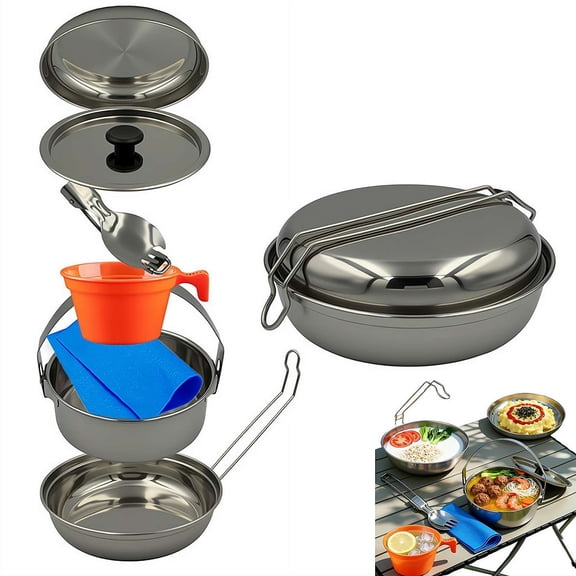 1 Set Camping Cookware, Portable Stainless Steel Campfire Cooking Pot, Outdoor Camping Nesting Mess Kit for Camping Outdoor Kitchen Cooking Picnic