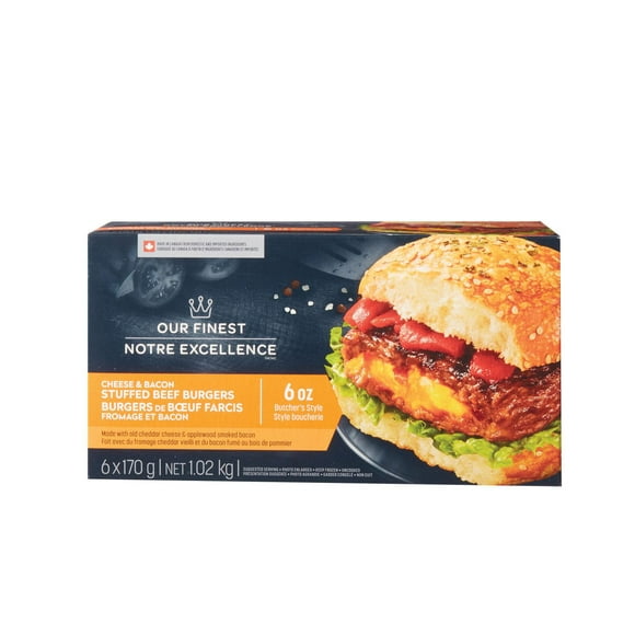 Our Finest Frozen Cheddar & Bacon Stuffed Beef Burgers, 6x170g, 1.02KG