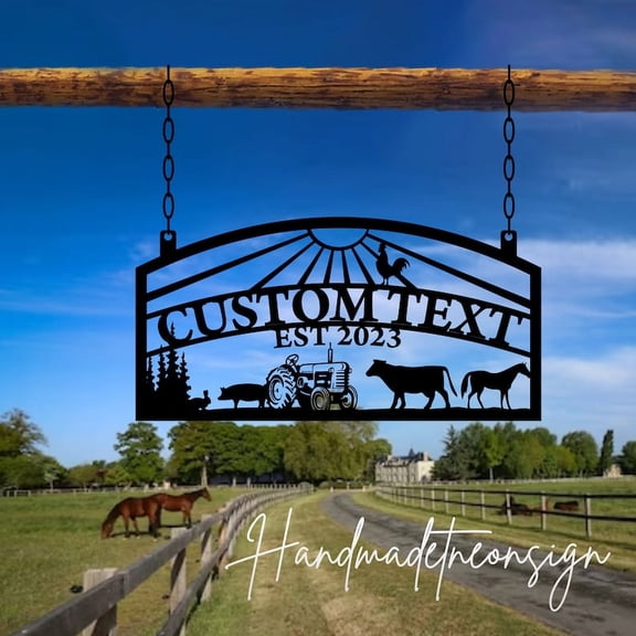 Handmadetneonsign Personalized Outdoor Farm Sign Hanging Metal Sign, Farm Name Outdoor Hanging