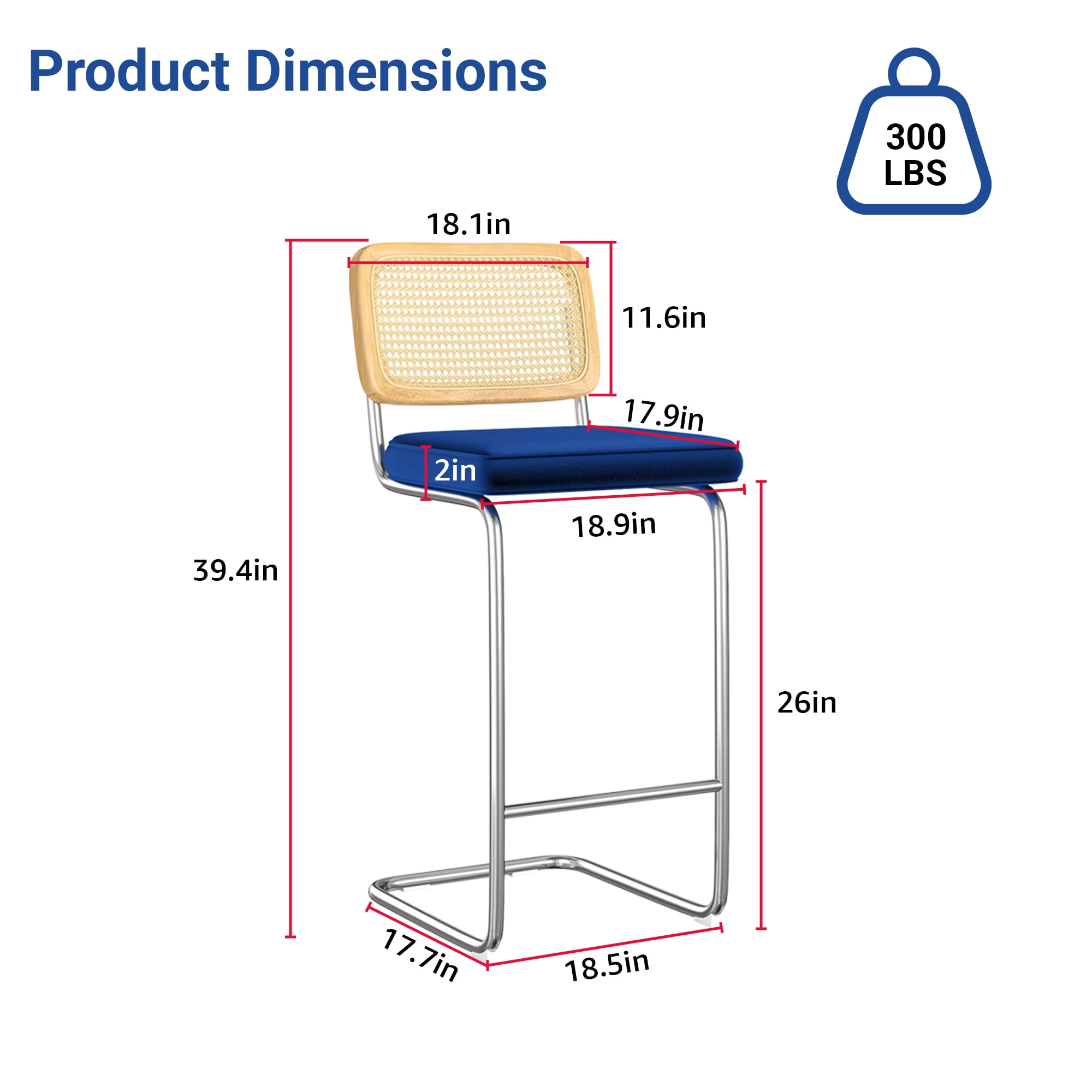 MAYEERTY 26" Royal Blue Counter Height Velvet & Rattan Bar Stools Set of 2, Armless for Kitchen Island