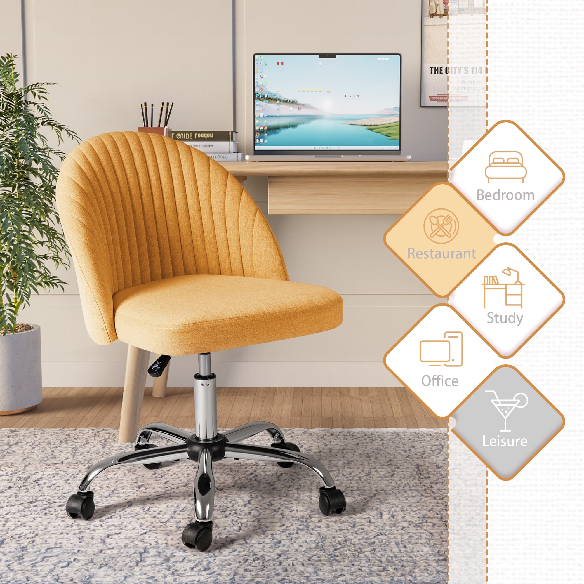 Homall Home Office Chair Adjustable Vanity Chairs Mid Back Rolling Task Chairs for Bedroom, Living Room or Study, Yellow