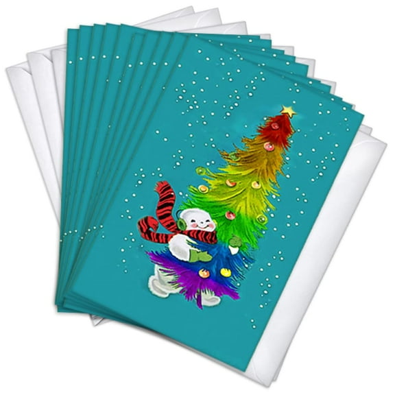 Snowman Rainbow Tree LGBTQ Christmas Holiday Greeting Cards | 10 Pack Bulk Set (4x6)