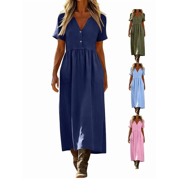 Afuyipoi Womens Cotton Linen Short Sleeve V-Neck Button Down Long Dress With Pockets, Loose Casual Flowy Maxi Dress, Soft Breathable Summer Vacation Dress For Women Navy Size L