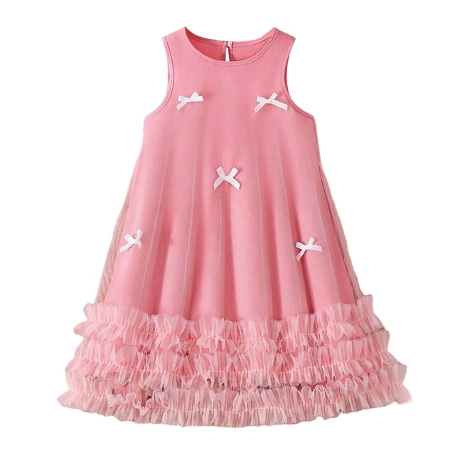 Gtoiithly Robe d'Été pour Filles Sans Manches Superposée Jupe Plissée et Détail Nœud Robe de Fête Robe d'Été Rose 10-11 Ans