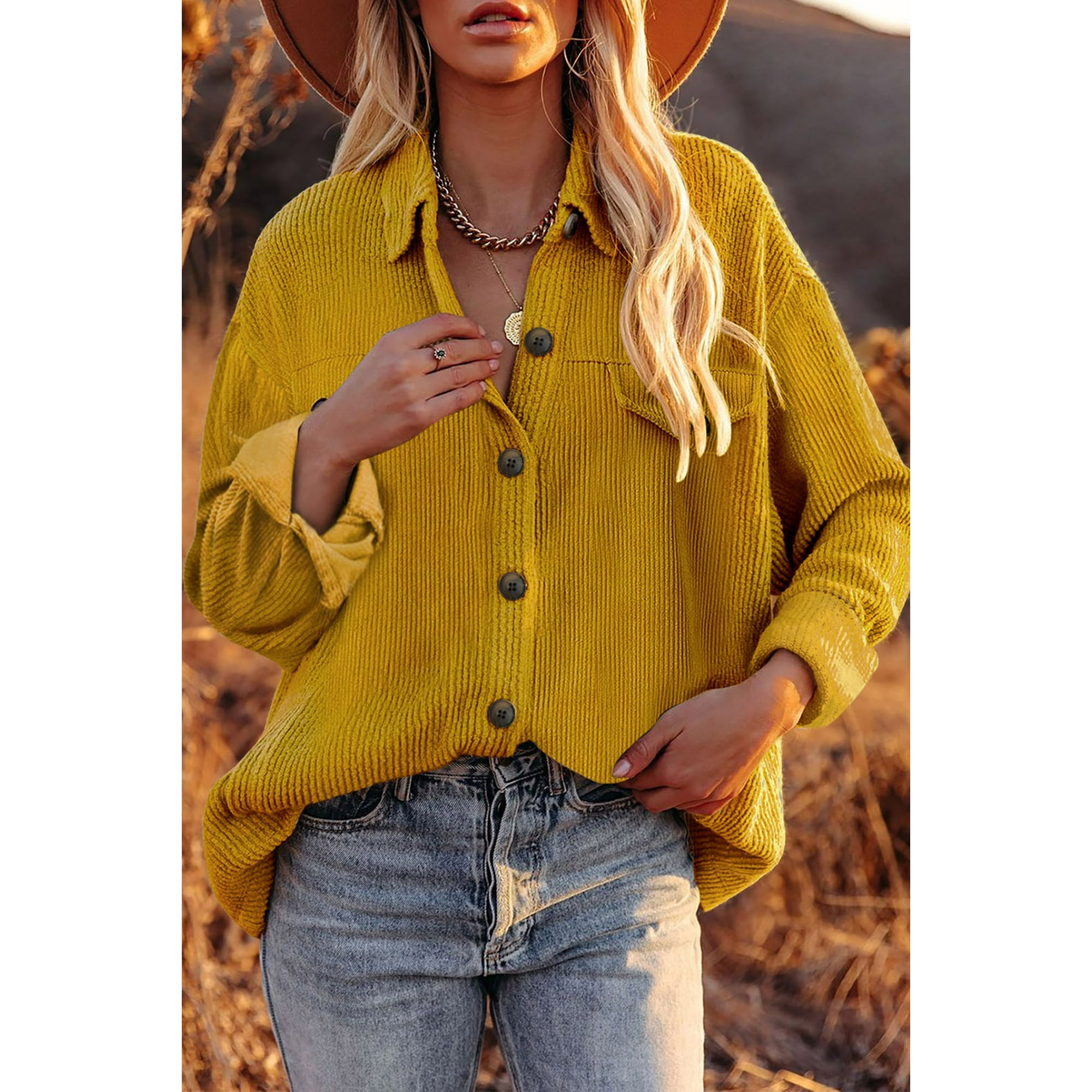 Women's Yellow Corduroy Long Sleeve Button-up Shirt Coat