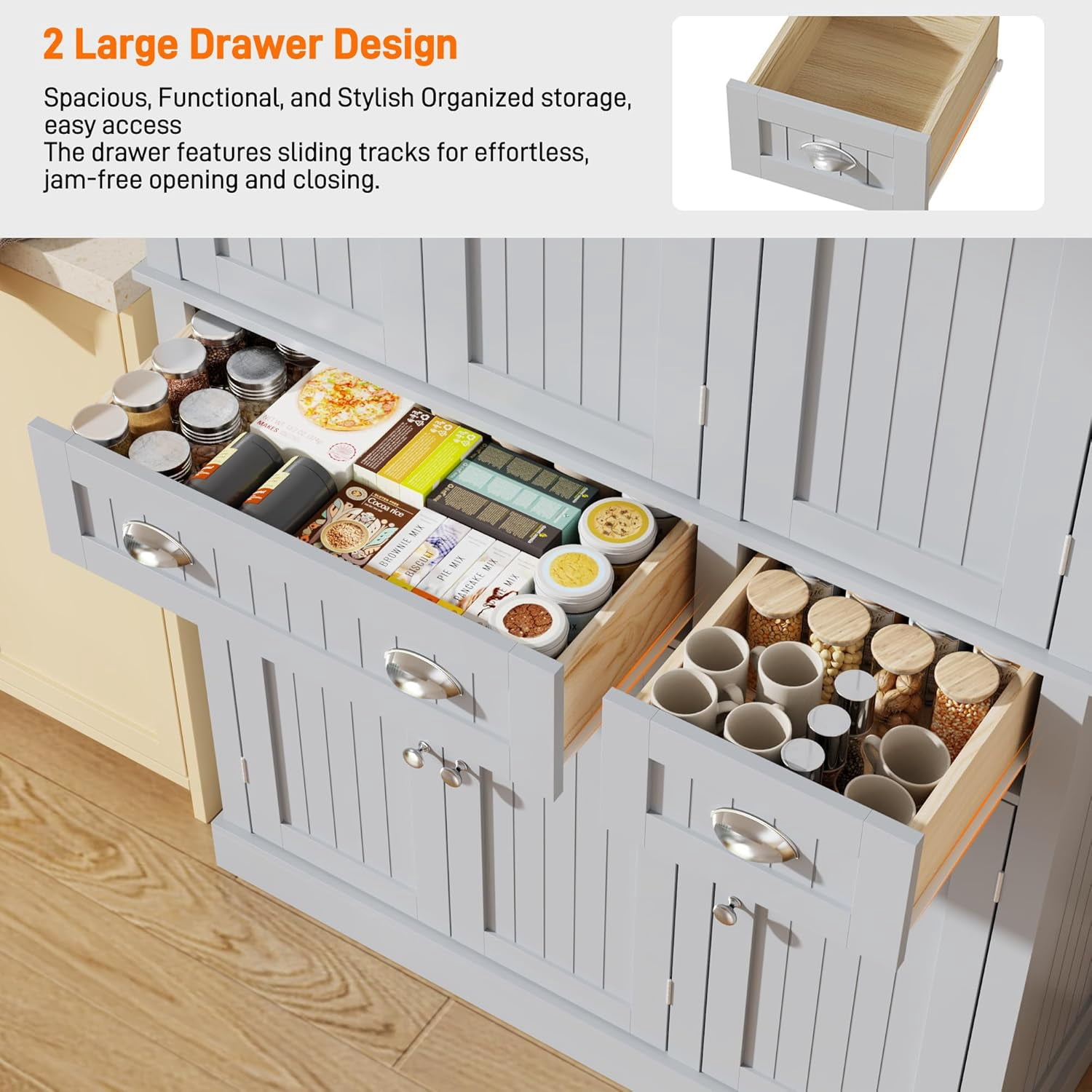 ChVans 71" Tall Kitchen Pantry with 6 Doors, Storage Cabinet with 2 Large Drawer 6 Hanging Shelves, Freestanding Cupboard for Dining Room Living Room