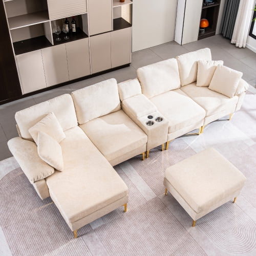 Canapé Sectionnel en Forme de U en Forme de Nuage, Taille 125,9 Pouces, Tissu chenille, Équipé d'Un Fauteuil Inclinable Simple et d'Un Repose-Pieds Mobile, Canapé Modulaire Moderne, avec une interface USB au Centre