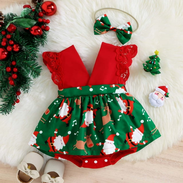 EGNMCR Barboteuse à Imprimé de Noël pour Tout-Petits Bébés Enfants Filles, Robe Dos Nu, Ensembles Robe Fille