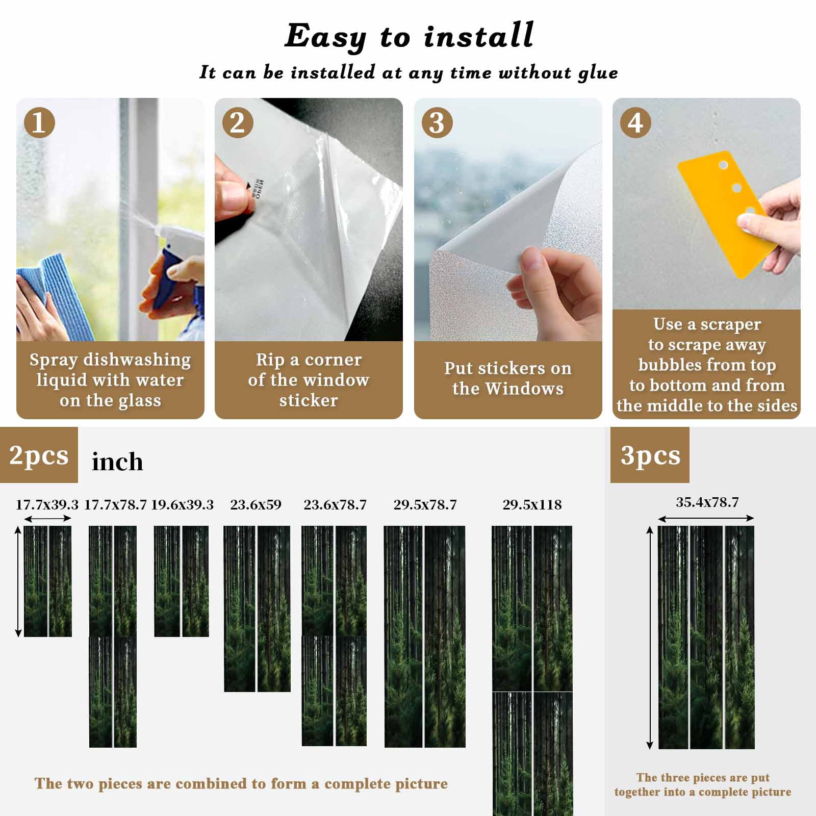 Green Forest Privacy Window Film, Decorative Frosted Glass Window Film, Mysterious Primitive Forest Pine Tree Reusable Peel and Stick Static Cling for Home Bathroom Office Glass Door 23.6"x59"