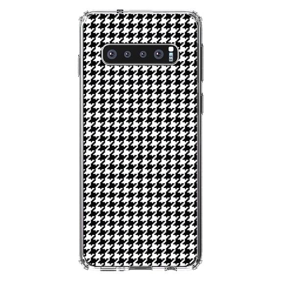DistinctInk Clear Shockproof Hybrid Case for Samsung Galaxy S10 (6.1" Screen) - TPU Bumper, Acrylic Back, Tempered Glass Screen Protector - Black White Houndstooth Pattern