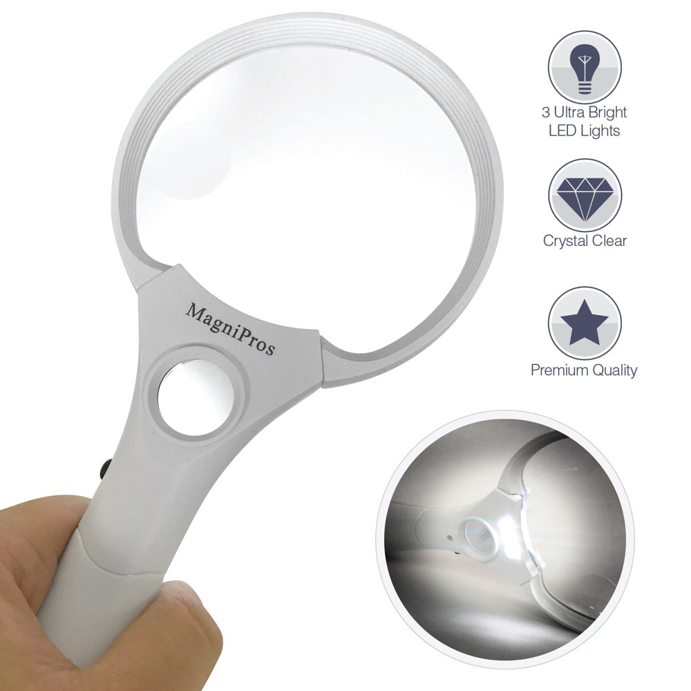 MagniPros Handheld Magnifying Glass with Ultra Bright LED Lights MultiPower Lens 3X, 4.5X, 25X