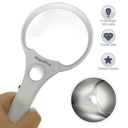 MagniPros 3 Ultra Bright LED Lights 3X 4.5X 25X Power Handheld Reading Magnifying Glass with Light- Ideal for Reading Small Prints, Map, Coins, Inspection and Jewelry