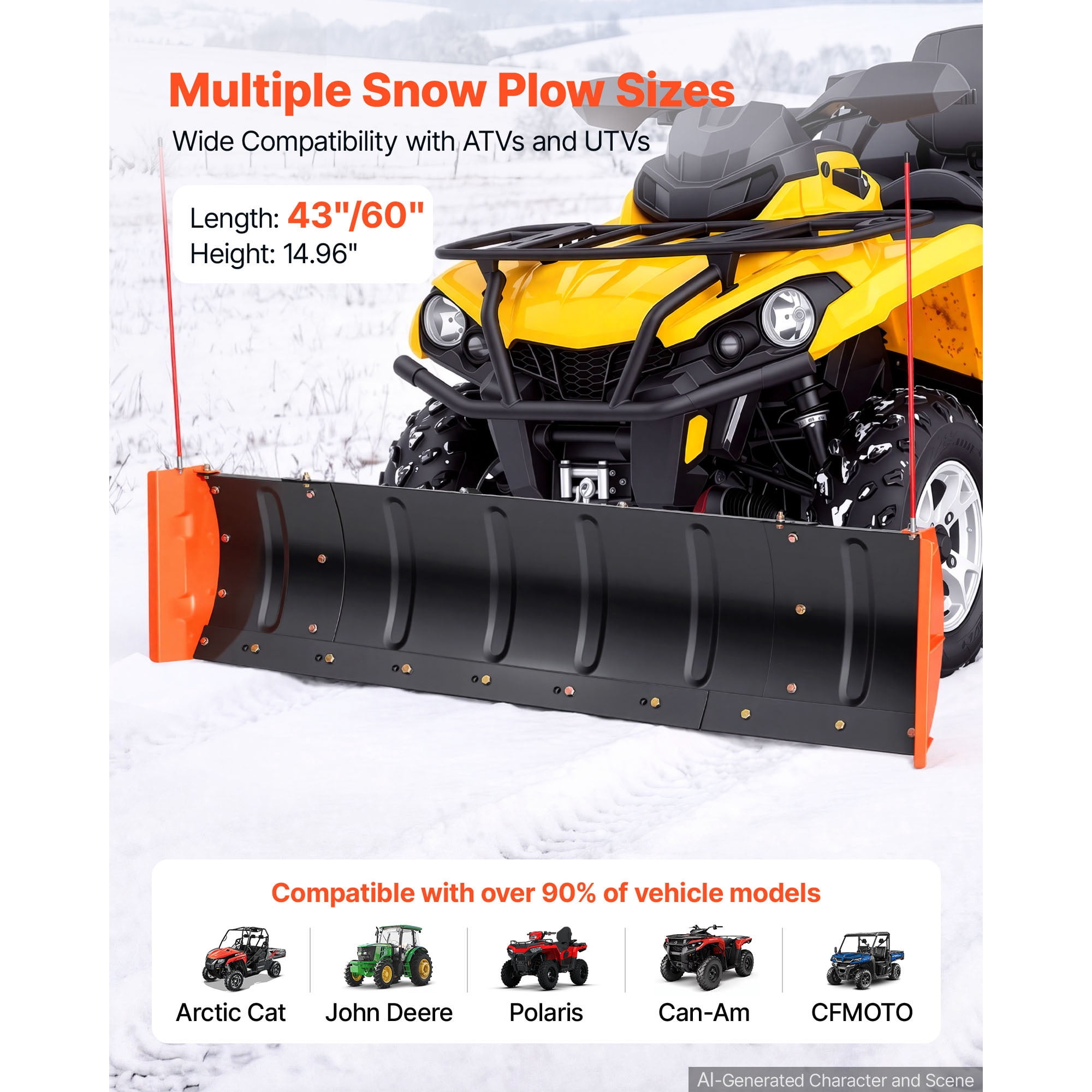 KFFKFF Adjustable Snow Plow Kit with 43-60 Inch Width, Compatible with Most ATVs and UTVs, Features Side Wings, Height and Angle Adjustability, Three Mounting Options, Durable Steel Blade