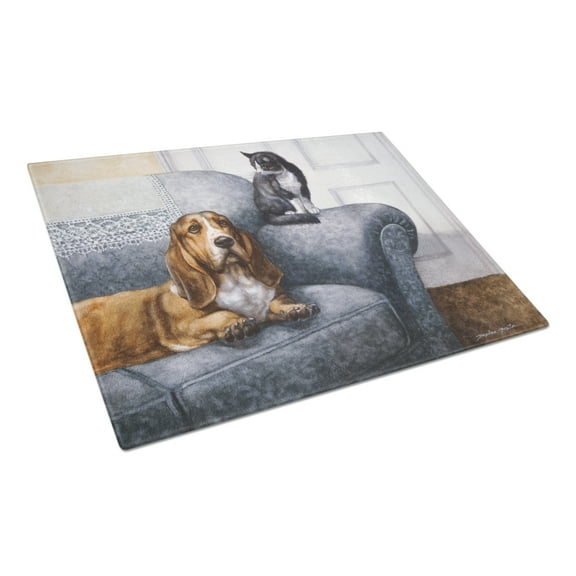 Carolines Treasures BDBA0182LCB Basset Hound and Cat on couch Glass Cutting Board Large, 12H x 16W, multicolor
