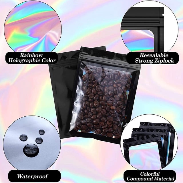 Bolsa Holográfica Bolsa de almacenamiento con sellado holográfico de 100 Uds., calcetines, embalaje cosmético (negro)