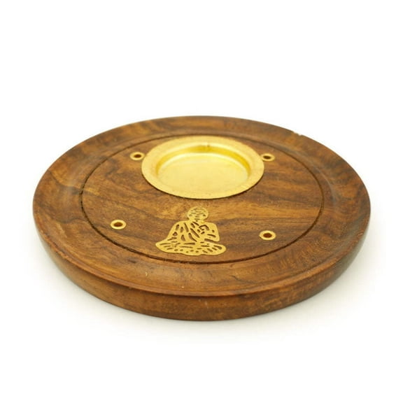 Incense Burner - Wooden Round Plate Buddha - 4 inches