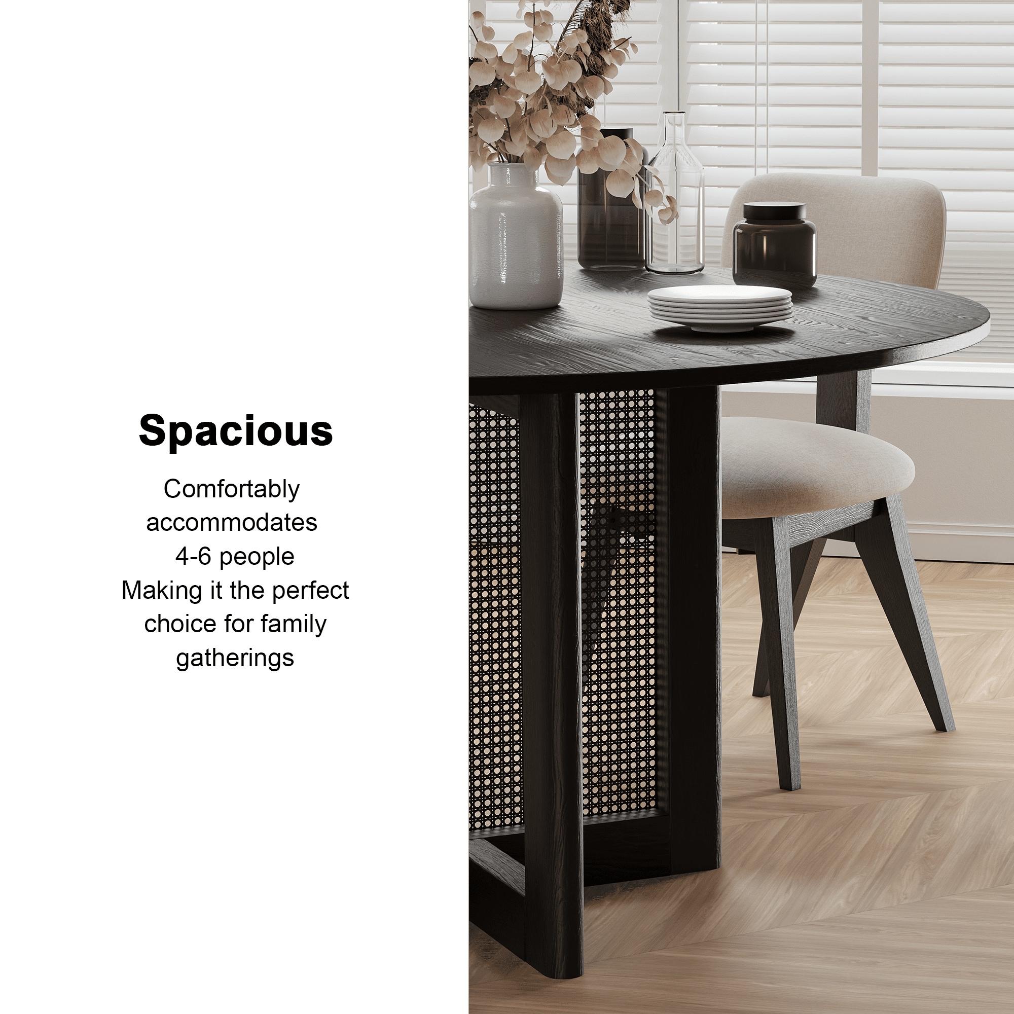 MAYEERTY Wood Round Dining Table, Mid-Century Modern Dining Table with Rattan Legs, 52"x52"x30", Black