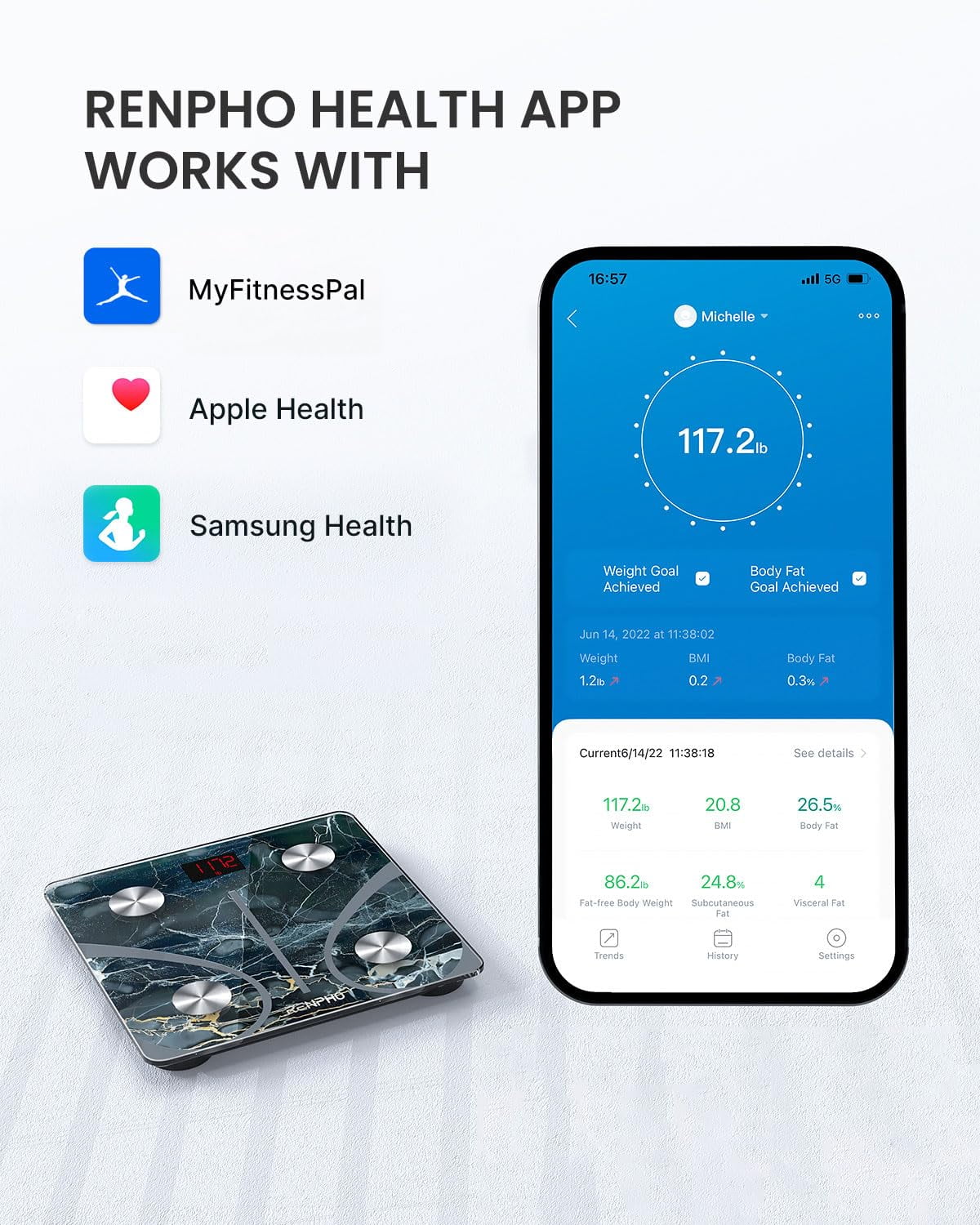 RENPHO Bluetooth Smart Scale for Body Weight with App, 400 lbs, Marble