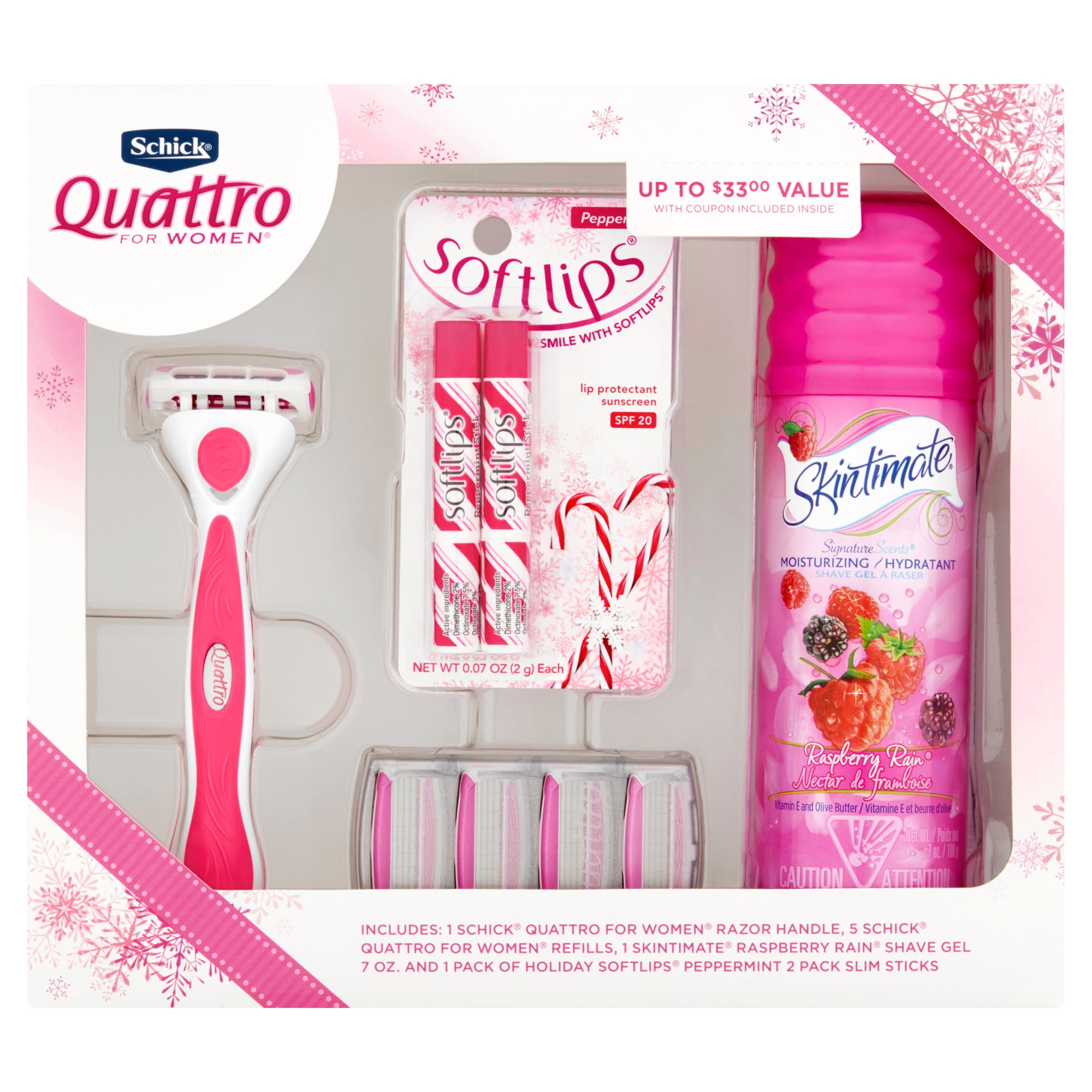 Schick Quattro for Women Gift Set including 1 Razor, 5 Blade Refills, 1 Skintimate Shave Gel