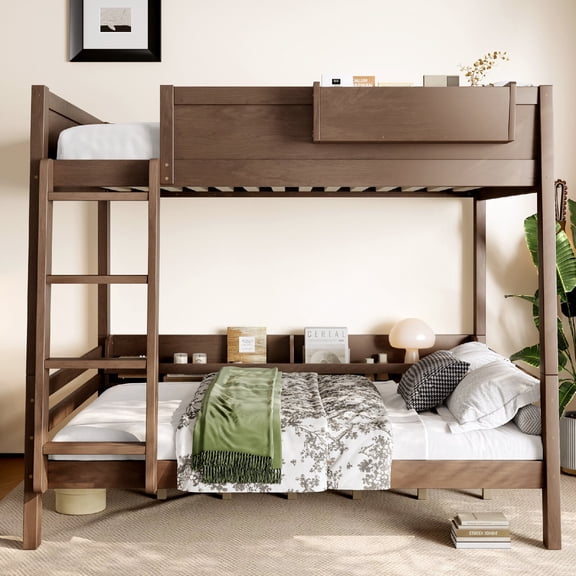 Full Size Bunk Bed Frame with Storage Shelf and Bookshelf, Able to Split Wood Bunk Bed Frame with Ladder and Guardrails for Bedroom, Apartment, Mattress not included, Wood