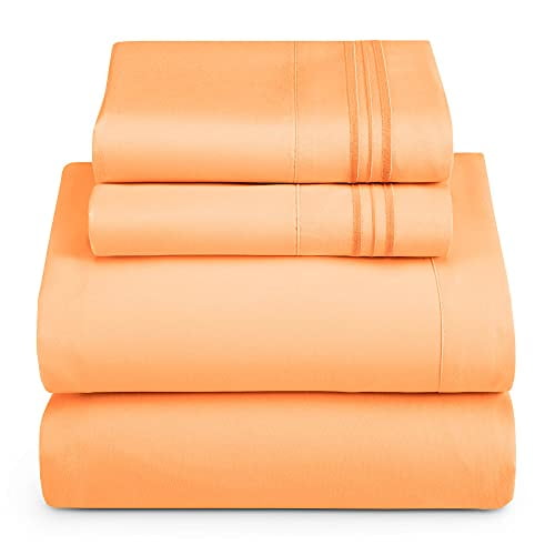Draps Taille Complète - Ensemble de Draps 4 Pcs, Draps de Lit de Luxe d'Hôtel Double Brossés - Draps et Taies d'Oreiller Extra Doux, Complet, Abricot Orange