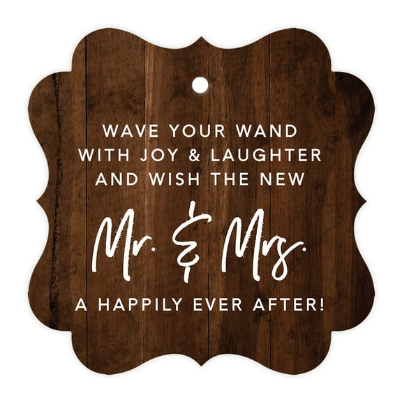 Koyal Wholesale Rustic Wood Fancy Frame Wedding Ribbon Wand Favor Tags, Wave Your Wand With Joy & Laughter, 96-Pack