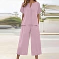 thumbnail image 2 of Linen Capri Set Women 2 Piece Outfits V Notch Short Sleeve Button Down Shirts Summer Flowy Crop Wide Leg Pants Sets, L, 2 of 7