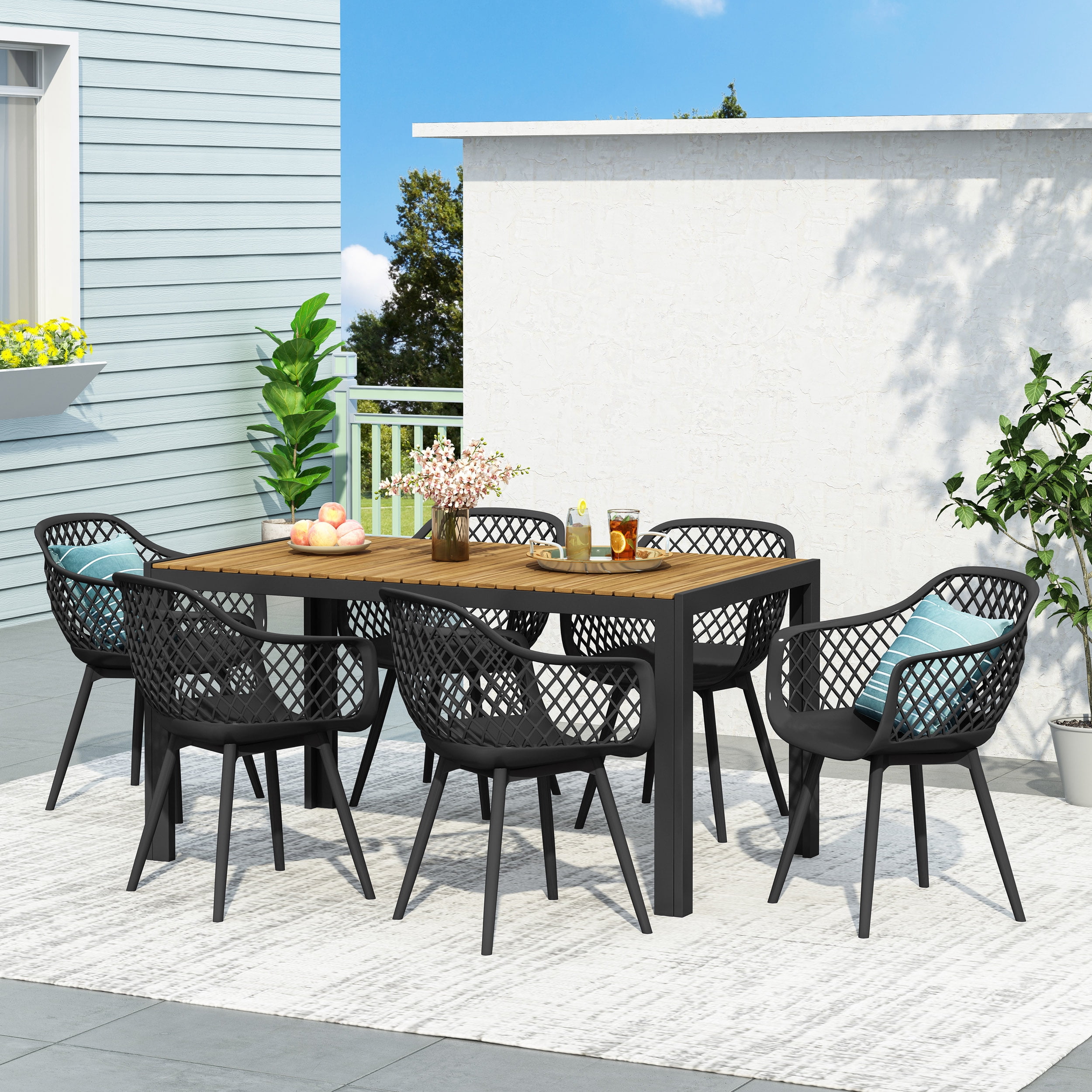 Furman Wood and Resin Outdoor 7 Piece Dining Set, Black and Teak