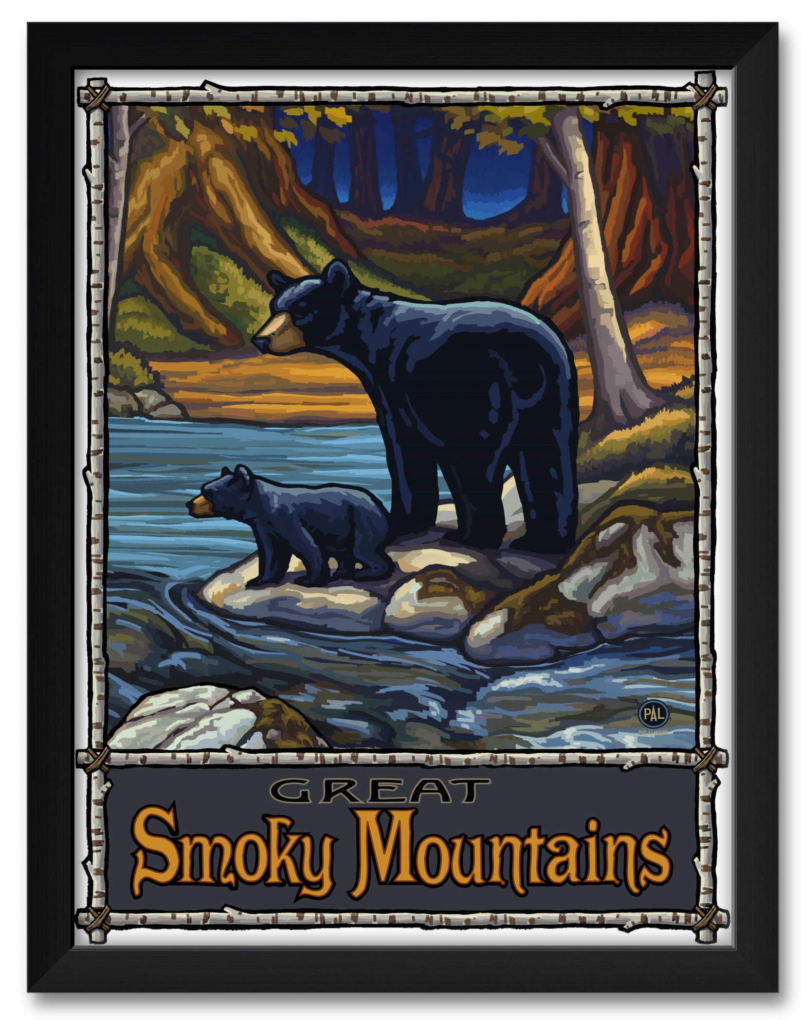 Great Smoky Mountains Bears In Stream Framed Art Print by Paul A. Lanquist. Print Size 18" x 24