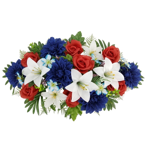 Mainstays 27.5in Outdoor Artificial Dahlia Headstone Saddle, Dahlia, Red, White and Blue Colors.