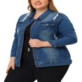 thumbnail image 4 of Unique Bargains Veste en Jean Lavé à Manches Longues pour Femmes Grande Taille avec Boutons devant, 4 of 6