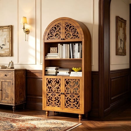 WUSCASA 67" Tall Arched Bookshelf, Vintage Hand-Carved Bookcase Arched Cabinet with Open Starge Shelf Display Cabinet for Home & Office