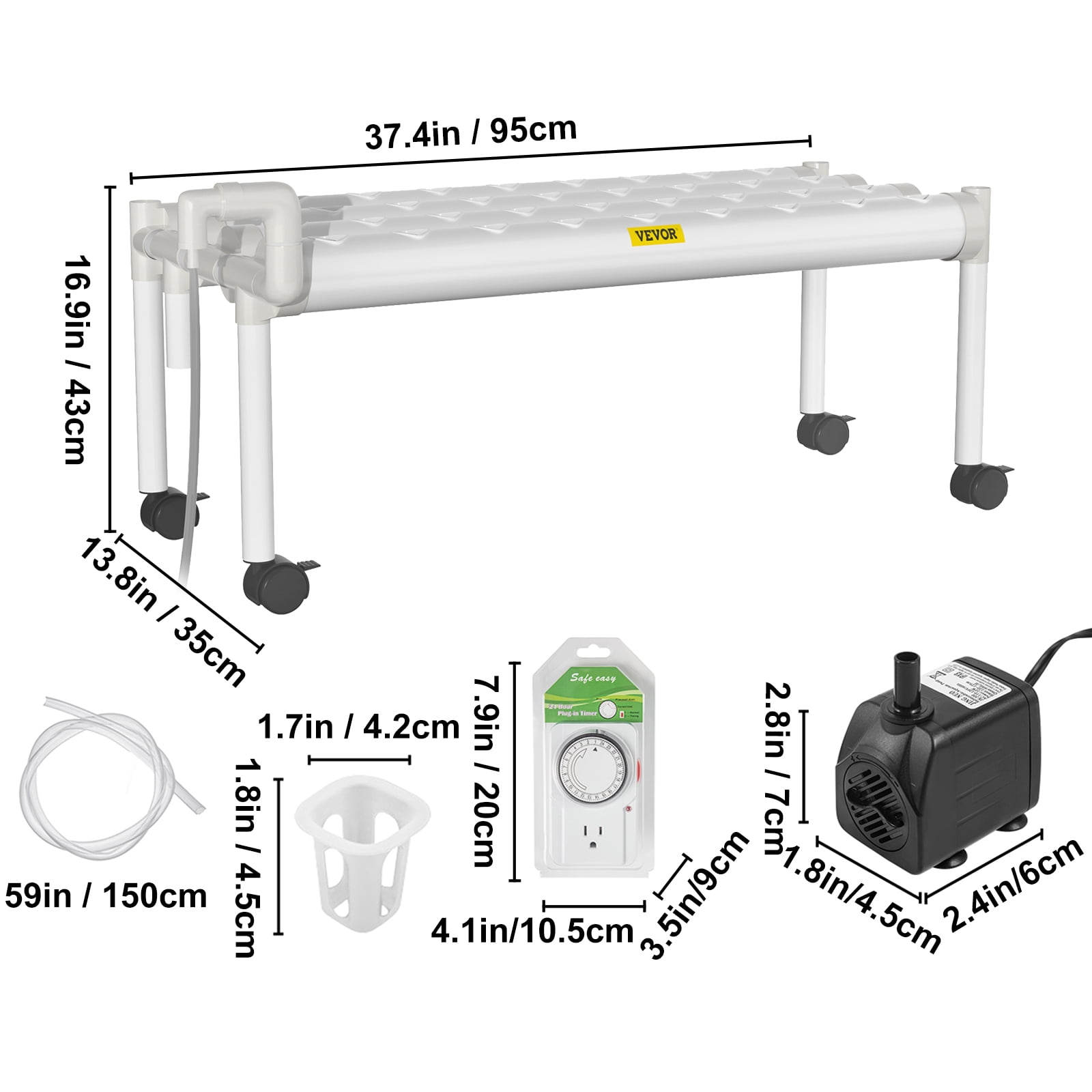 VEVOR Hydroponic Site Grow Kit 1 Layer 36 Plant Sites, 4 PVC Pipes Hydroponic Indoor Plant Growing System, Food-Grade Pipe Plant Grow Kit with Water Pump and Timer