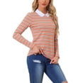 thumbnail image 4 of INSPIRE CHIC Women's Long Sleeve Top Contrast Striped Doll Collar Elastic Loop Back Casual Blouse S Multicolor, 4 of 6