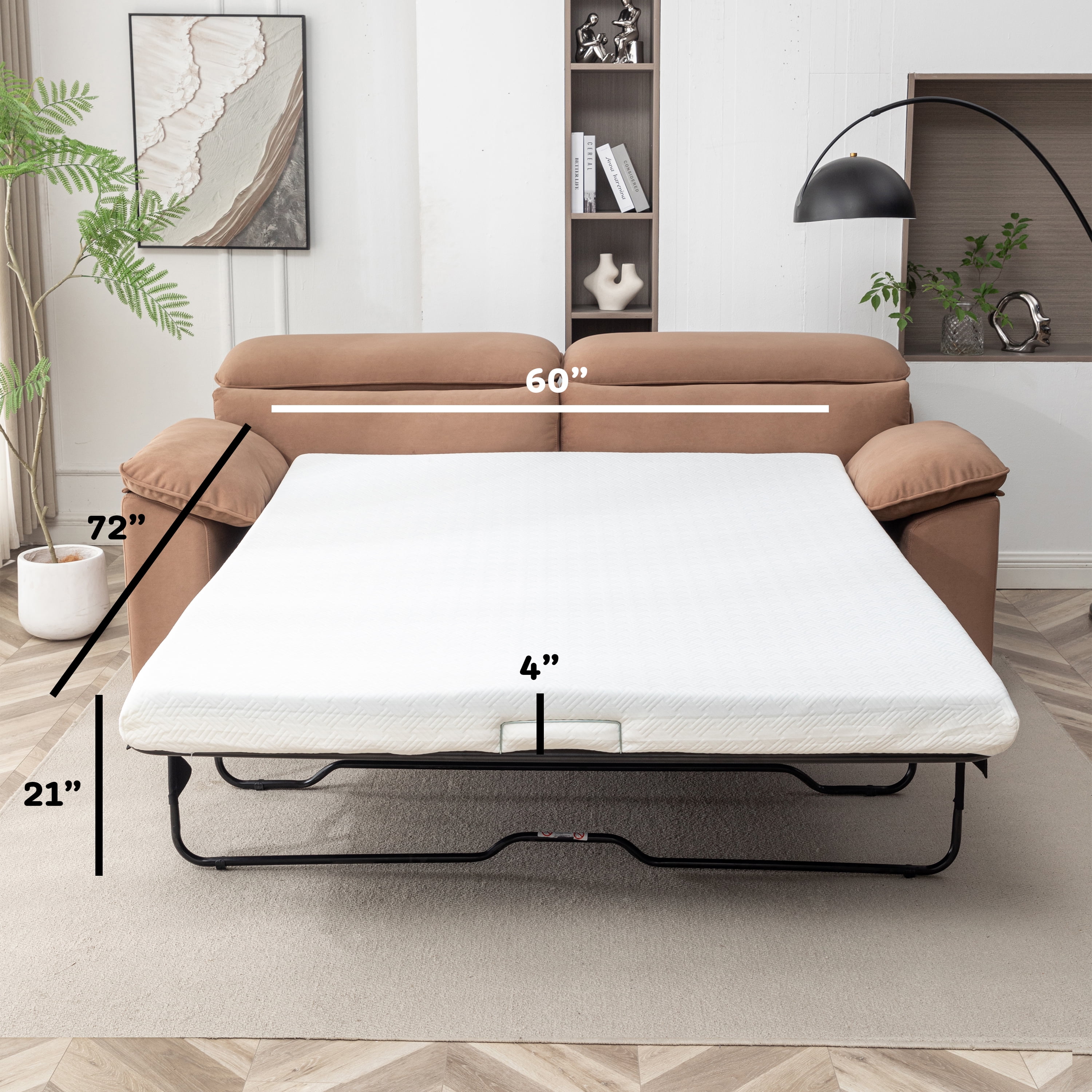 Luna Mid-Century Modern Pullout Sofa Bed with 4" Gel Mattress, Brown