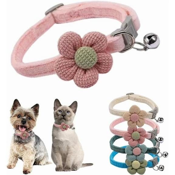 1/2Pack XS Dog Collar with Bell,Beige Flower Cat Collar with Bells Suede Girl Cute Fancy Puppy Collar with Bells for XXS XS Tiny Little Kitten Pet Female Dogs,Neck 8-12 Inch