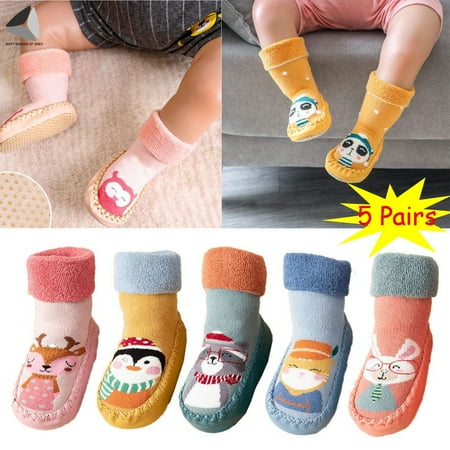 PULLIMORE 5 Pairs Baby Boy Girls Toddlers Moccasins Non-Skid Indoor Slipper Shoes Socks Booties Winter Warm Infant Boots Shoes (18-24 Months)