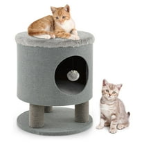 Cat Condo Stool for Indoor Cats, 3-in-1 Modern Pet House Ottoman with Scratching Posts, and Plush Dangling , Ideal for Small & Medium Cats (Grey)