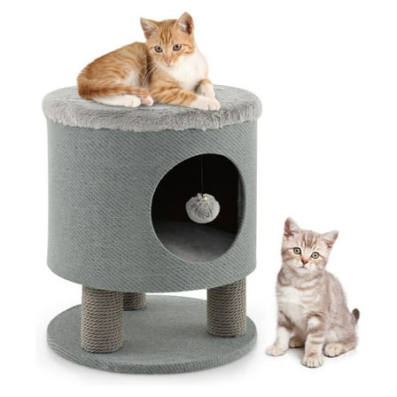 Cat Condo Stool for Indoor Cats, 3-in-1 Modern Pet House Ottoman with Scratching Posts, and Plush Dangling , Ideal for Small & Medium Cats (Grey)