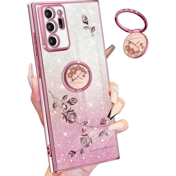 (3in1 for Samsung Galaxy Note 20 Ultra Case Glitter Sparkly for Women Girls Bling Shiny Phone Cover Cute Flowers Floral Unique Design with Ring Pretty Cases for Galaxy Note 20 Ultra 5G 6.9''