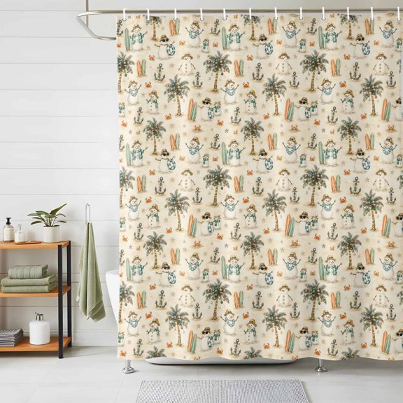 Coastal Christmas Shower Curtains for Bathroom, Cream Beach Xmas Snowman Palm Waterproof Fabric Shower Curtain, Decorative Bathroom Curtain for Bathtub, 72"x72", No Hooks Included